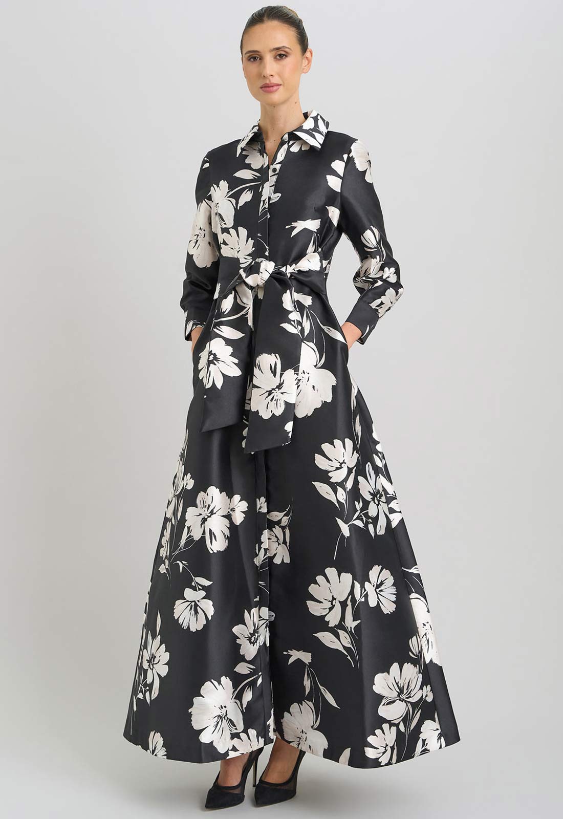 Gina Bacconi Black and White Steph Floral Belt Tie Maxi Dress