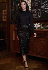 ANGELEYE Black Sequin Midi Skirt