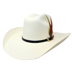 White cowboy hat with a feather and black band on a white background- Bandoleros 1000X Chihuahua