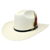 White cowboy hat with a black band and colorful feather on a white background