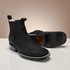 Bandoleros Black Imitation Python Print Square Toe Ankle Leather Boot