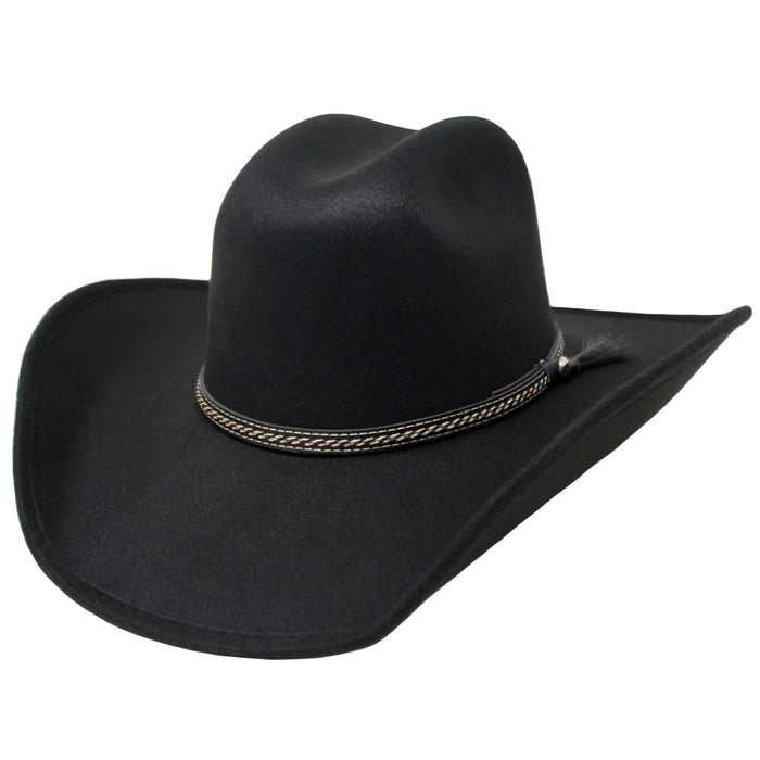 Black cowboy hat with a braided band on a white background