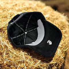 Interior view of the JG Hats M Rodeo Rider Black snapback featuring adjustable snapback closure, premium sweatband, and branded interior taping.