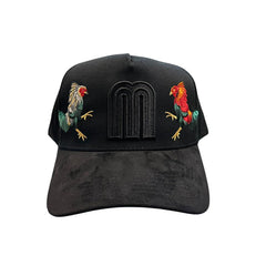Black JG snapback hat with embroidered rooster artwork and raised tonal front logo