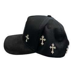 Side view of black JG snapback hat featuring silver rhinestone cross embellishments