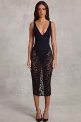 Sheer Lace Scalloped Plunge Bodysuit Midaxi Dress in Black