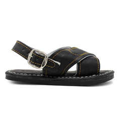 Kid's handmade black genuine leather Mexican sandals featuring a classic two-strap design, adjustable buckle heel strap, cushioned leather footbed, and durable rubber outsole handcrafted in Mexico.