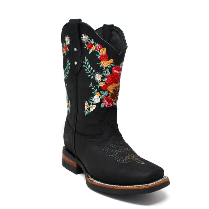 Black cowboy boot with colorful floral embroidery on a white background