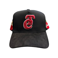 Black JG Tomateros snapback hat with raised red TC embroidery on front panel
