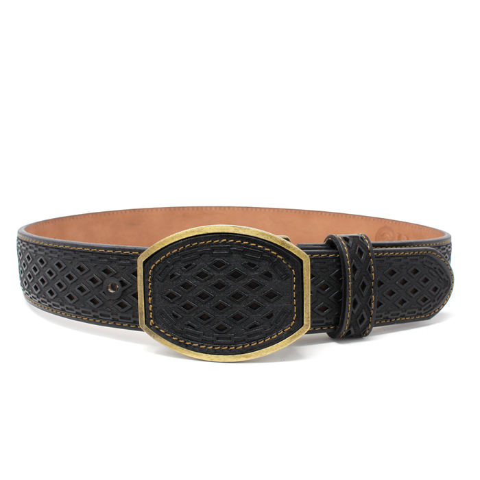 Diamante Laser Cut Leather Belt- Black