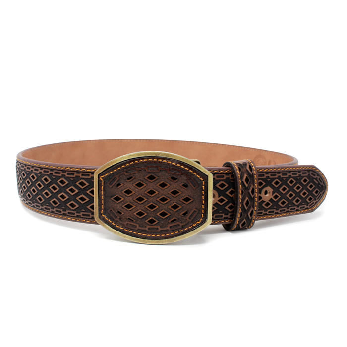 Diamante Laser Cut Leather Belt- Brown