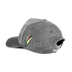 Gray baseball cap with colorful logo on a white background