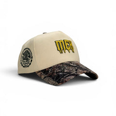 Cream and camo Mexico soccer snapback with gold dripping MEX embroidery