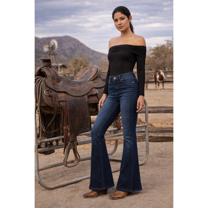 Kan Can Mid Rise Flare Stretch Jeans – Dark Wash