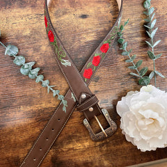 Leather Rose Belt w/ Silver Buckle - Café