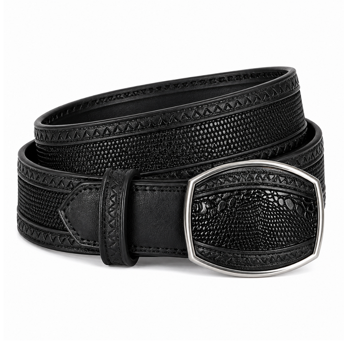 Los Altos Lizard Belt with Western Oval Square Buckle - Sanded Black