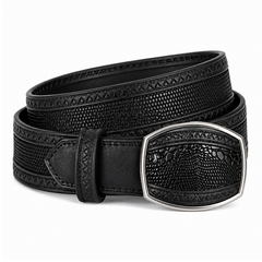 Los Altos Lizard Belt with Western Oval Square Buckle - Sanded Black