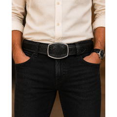 Los Altos Lizard Belt with Western Oval Square Buckle - Sanded Black