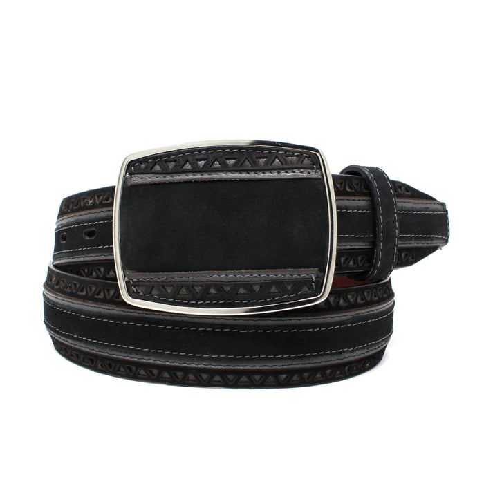 Los Altos Nubuck Laser Design Belt with Square Buckle - Black
