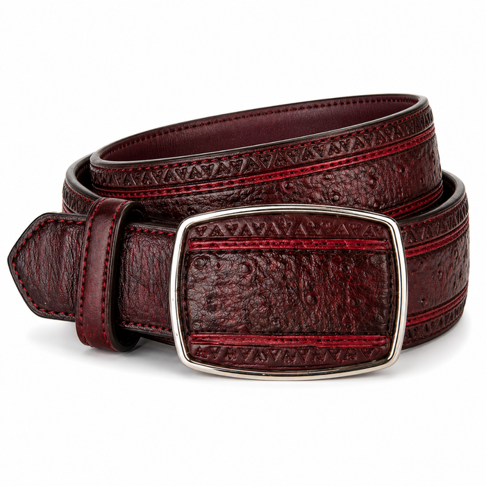 Los Altos Ostrich Laser Belt with Buckle - Faded Burgundy