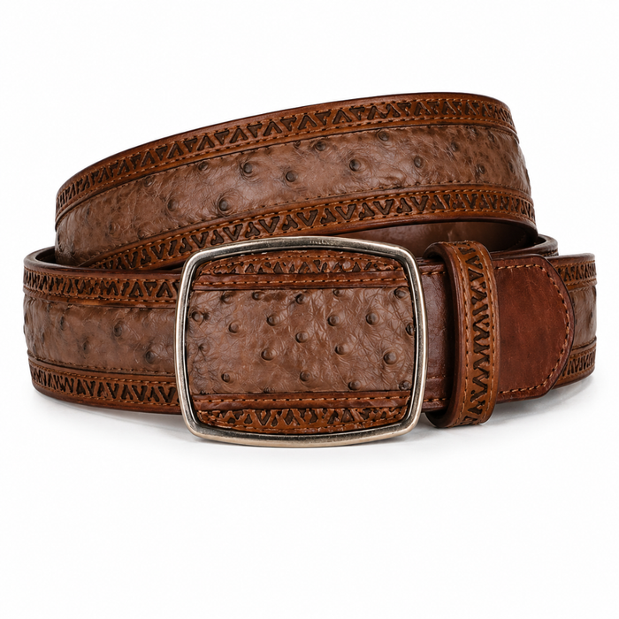 Los Altos Ostrich Laser Belt with Square Buckle - Rustic Brown