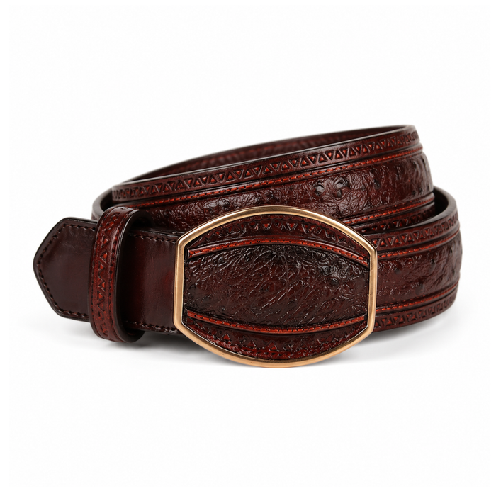 Los Altos Ostrich Laser Belt with Western Oval Buckle - Faded Brown