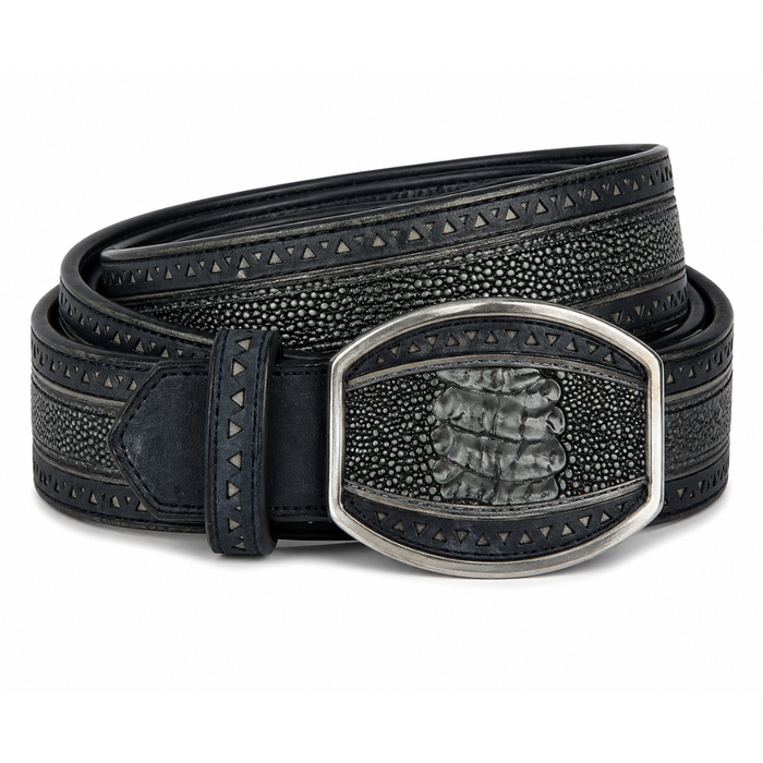 Los Altos Ostrich Leg Laser Belt with Western Oval Buckle - Rustic Blue