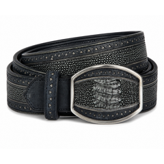 Los Altos Ostrich Leg Laser Belt with Western Oval Buckle - Rustic Blue