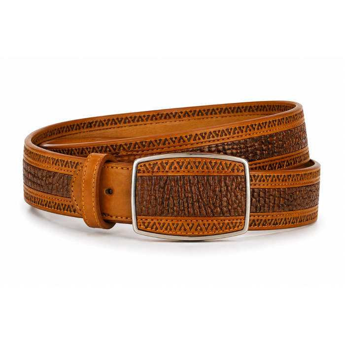 Los Altos Caiman Belly Laser Belt with Square Buckle - Rustic Cognac