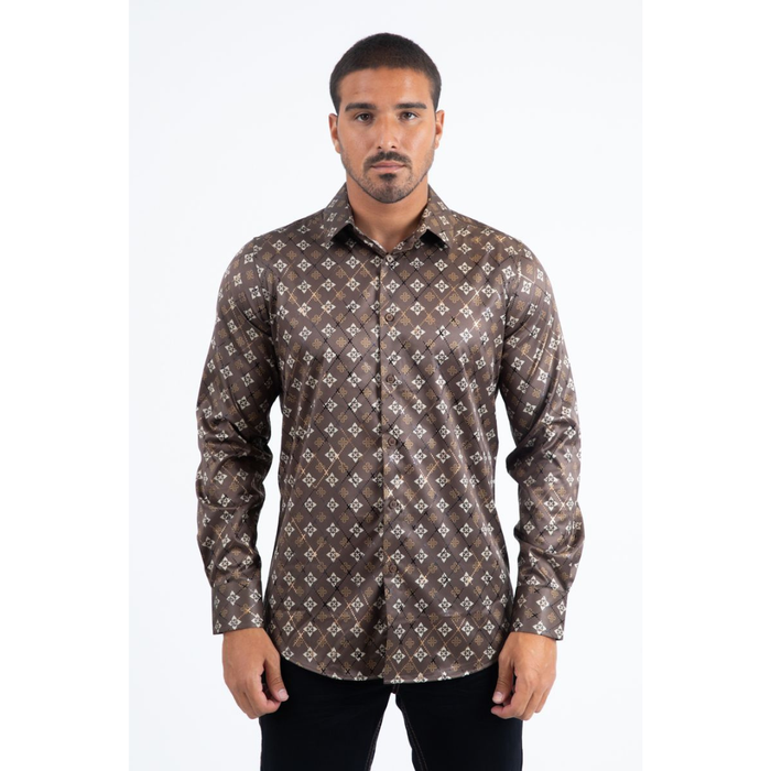 Mens Modern Fit Stretch Foil Fashion Shirt- Brown