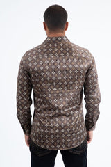 Mens Modern Fit Stretch Foil Fashion Shirt- Brown