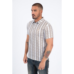 Side view of white polo with vertical brown aztec design