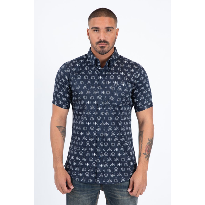 Mens Short Sleeve Modern Fit Stretch Wild Horses Print Shirt- Navy