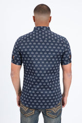 Mens Short Sleeve Modern Fit Stretch Wild Horses Print Shirt- Navy