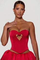Embellished Heart Cut-Out Strapless Corset Top in Red