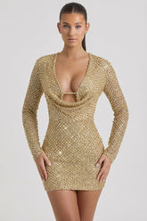Embellished Cowl-Neck Mini Dress in Gold