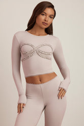Modal Lace-Trim Appliqué Pyjama Top in Cloud Grey