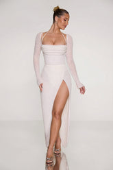 Embellished Cowl Neck Maxi Dress in Pearl