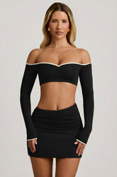 Modal Contrast-Trim Crop Top in Black