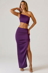 Ruched Asymmetric-Waist Maxi Skirt in Plum