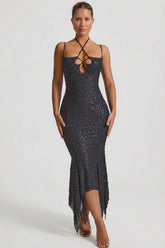 Embellished Cut-Out Asymmetric Midaxi Dress in Black