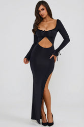 Ruffle-Trim Cut-Out Maxi Dress in Black