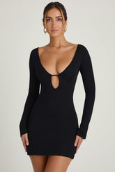 Cut-Out Long-Sleeve Mini Dress in Black