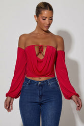 Off-Shoulder Draped Balloon-Sleeve Top in Red