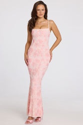 Embellished Square-Neck Maxi Dress in Soft Pink Ombre
