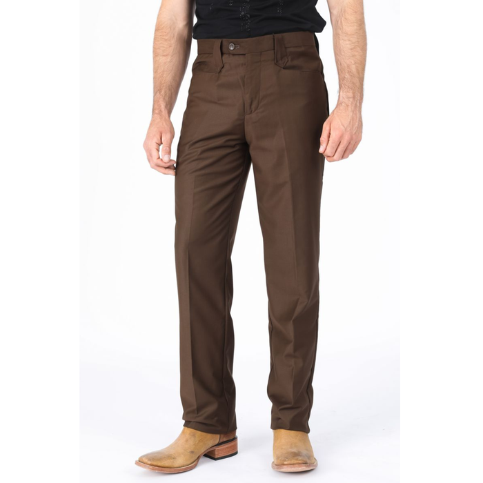 Platini men’s dark brown poly-stretch Western suit pants with tailored boot cut-leg fit and Western belt loop details