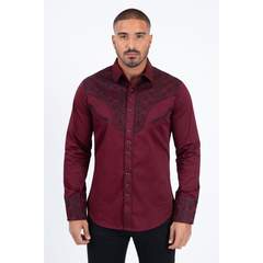 Platini Men's Cotton Burgundy Embroidery Western Shirt