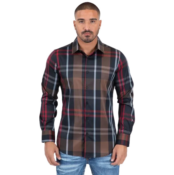 Platini men’s black, brown, and red plaid long sleeve western button-down shirt