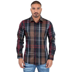 Platini men’s black, brown, and red plaid long sleeve western button-down shirt
