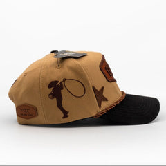 Side view of western ranch snapback hat featuring embroidered cowboy silhouette and star detail